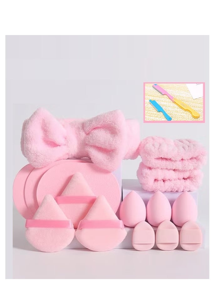 طقم نظافة مكون من 16 قطعة من رباط الرأس والمعصم، يشمل إسفنجات المكياج وبودرة مثلث الوجه، خلاط جمال للعناية بالبشرة لغسل الوجه، طقم هدايا للنساء (وردي) - Image 1